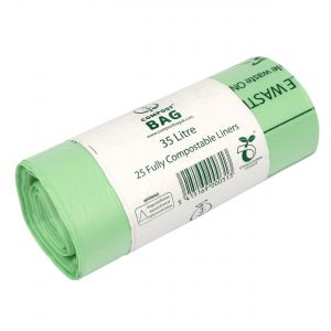 Green compostable liners for food waste caddies, 35 litres in size, in a roll of 25