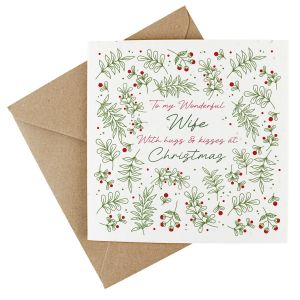 Winter foliage and red berries patterned christmas card for wife, made from plantable wildflower seeded card.