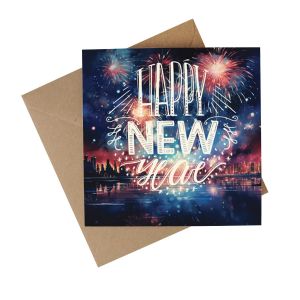 Recycled greetings card with text reading 'Happy New Year' on a  background of a city's fireworks display over water.