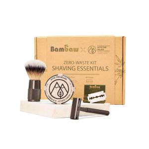 Zero-waste shaving kit containing brush, metal safety razor, balm and replacement blades
